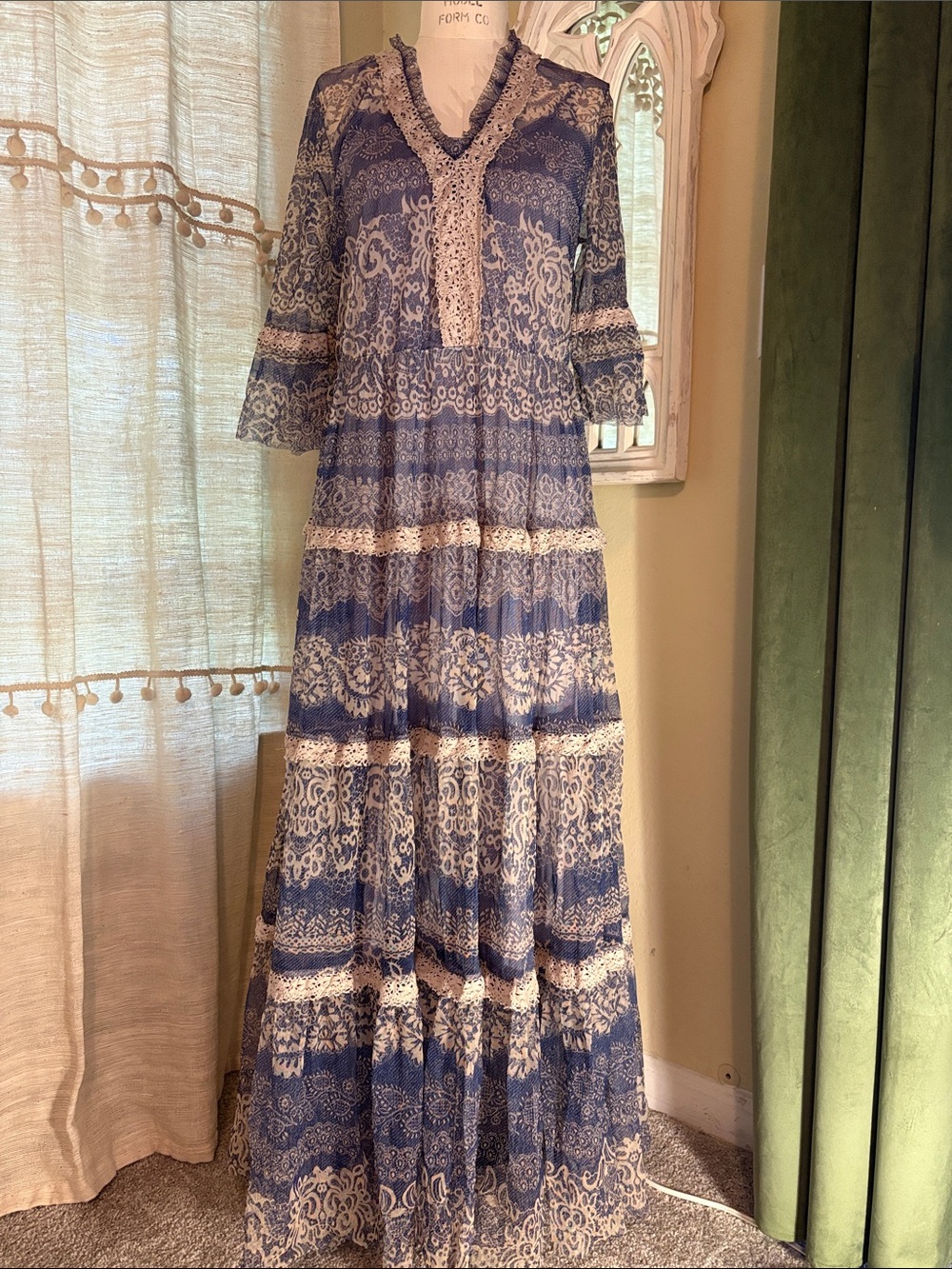 Johnny Was Blue and White Lace-Trim Mesh Maxi Dress